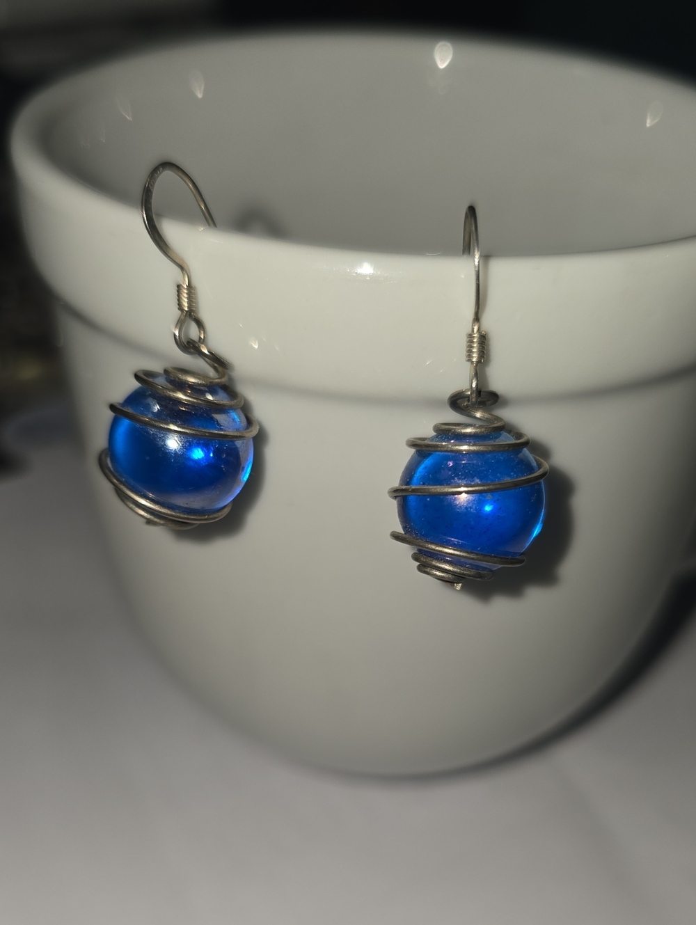 Blue Glass Orb Spiral Drop Earrings - Women Jewelry